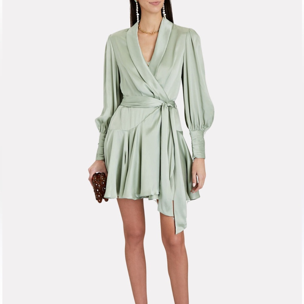 Zimmermann Sage Green Silk Belted Wrap V-Neck Mini dress